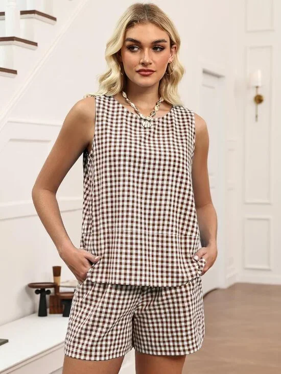 Women's Trendy 2 Piece Outfits Shorts Sets Summer Crew Neck Sleeveless Tank Top - Picture 4 of 7